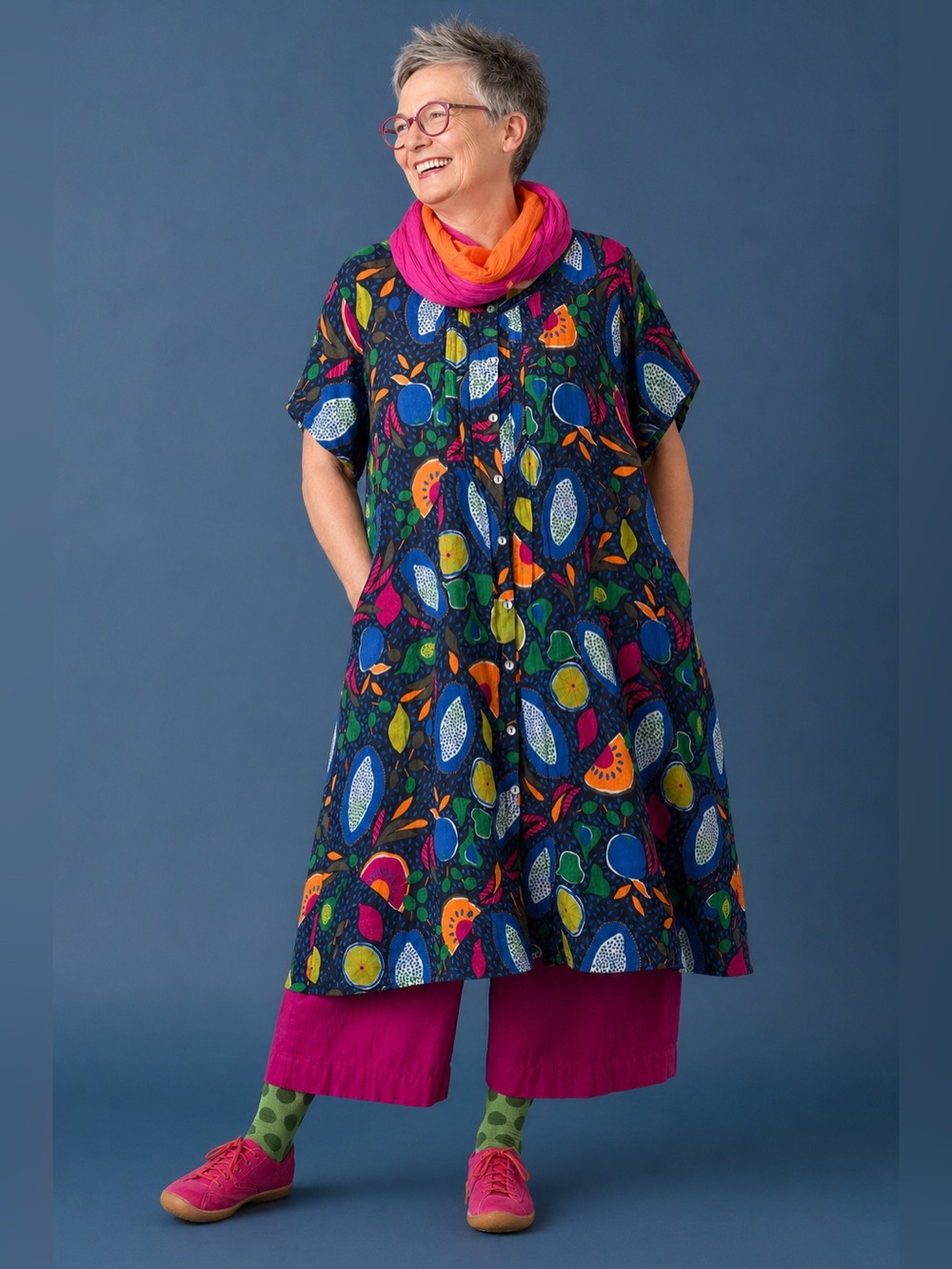 Gudrun Sjoden 100% Linen Blue Black Colorful Fruit Dress lagenlook Size Large - Picture 3 of 11